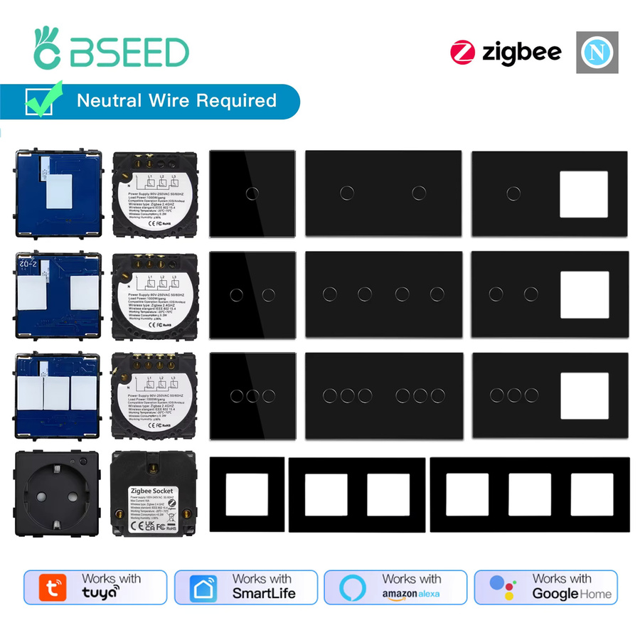 BSEED Zigbee Smart Home Ersatzteile: Touch Glas Panel in Schwarz für Tuya Dimmer, Vorhangschalter und Steckdosen mit Neutralleiter - Bild 5