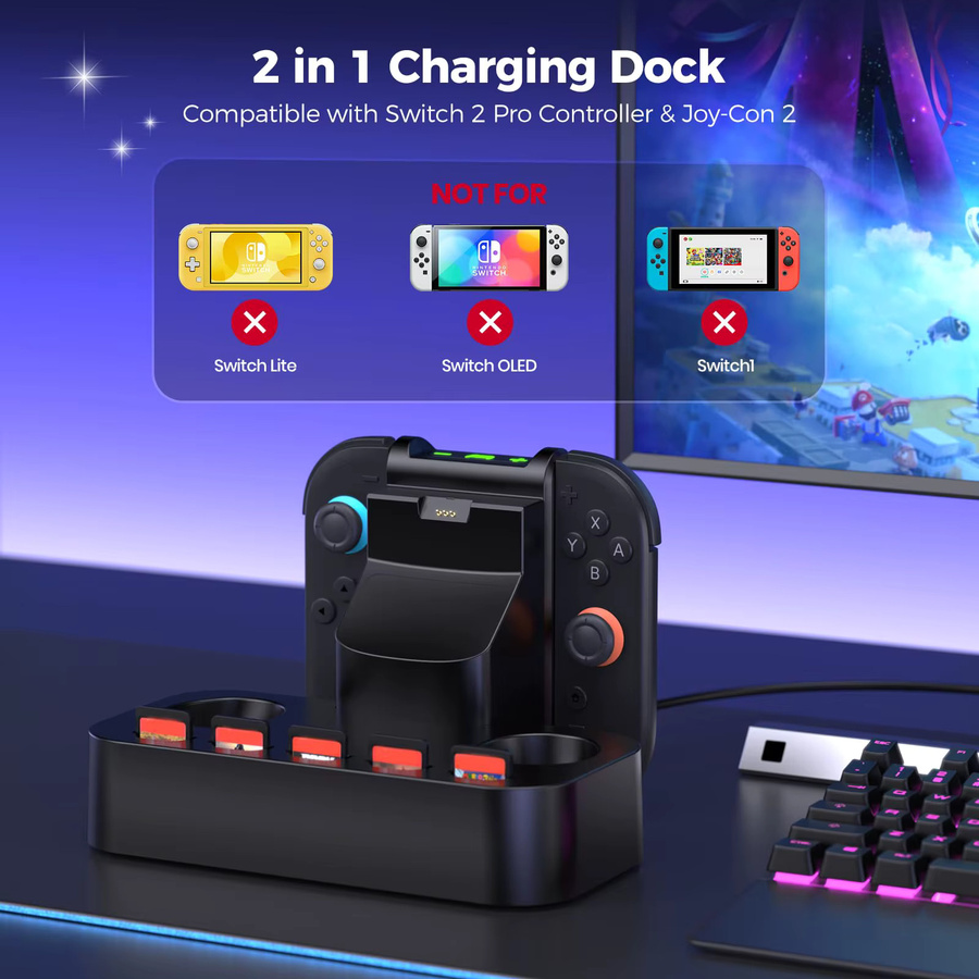 NEWDERY 2-in-1 Ladestation für Nintendo Switch Pro Controller und Joycon mit 5 Spielkarten-Speicherplätzen in Schwarz - Bild 2