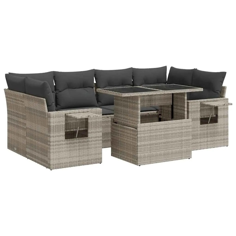 vidaXL 7-teilige Garten-Sofagarnitur in L-Form aus Polyrattan mit Kissen und Couchtisch, Hellgrau - Bild 2