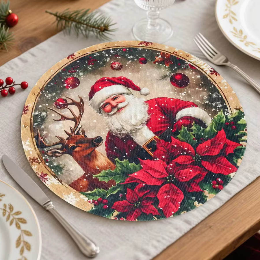 VIKAMA 4-teiliges Vintage-Weihnachts-Tischset-Set mit Weihnachtsmann-Motiv, rutschfest und waschbar, Mehrfarbig, Breite: 38 cm, Höhe: 38 cm - Bild 2