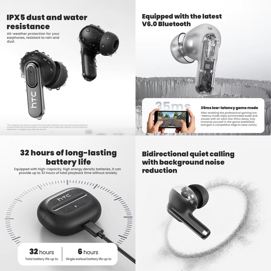 HTC NE60 AI Translator Wireless Earbuds Bluetooth In-Ear-Kopfhörer mit Geräuschunterdrückung und Mikrofon, Schwarz, IPX5 wasserdicht - Bild 2