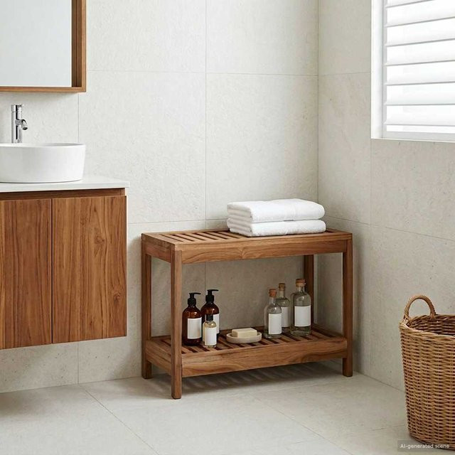 Badezimmer-Beistelltisch aus massivem Teakholz von VD Home Furnishing in Braun, B/T/H: 60 x 30 x 45 cm - Bild 1