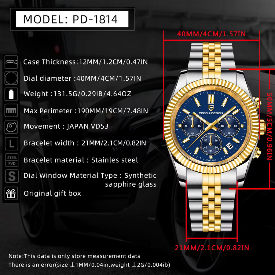 PAGANI DESIGN Armbanduhr, Quarz, Edelstahl, 40 mm, Herren, Blau, Gold - Bild 2