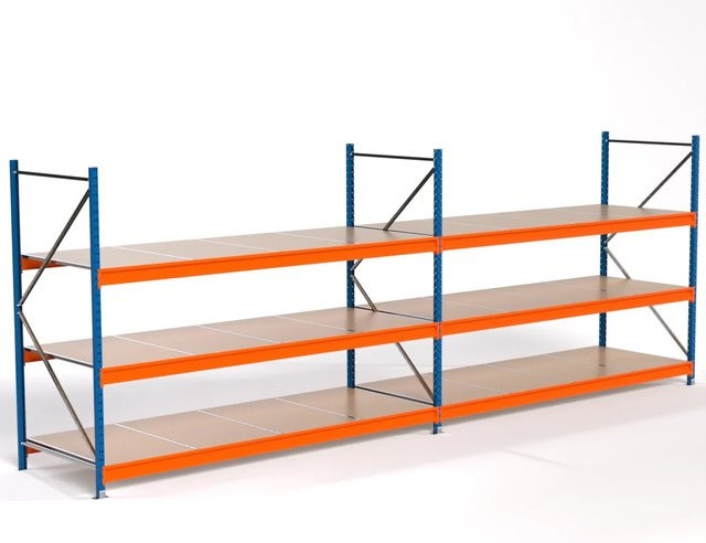 PROREGAL Industrie Weitspannregal MAXIMUS PRO Lagerregal mit 2 Feldern und 3 Spanplatten-Fachböden, Blau/Orange, H: 200 cm, B: 550 cm, T: 100 cm - Bild 1