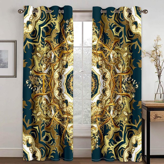 2er-Set Vorhänge mit goldenem Blumen- und Kristallmuster, semi-transparent, Polyester, Farbe: Gold, Breite: 75 cm, Höhe: 166 cm - Bild 1