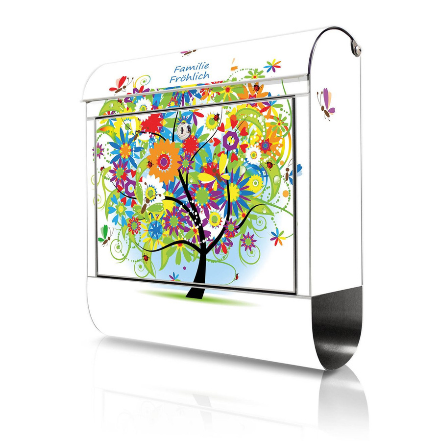 banjado Wandbriefkasten aus 18/0 Edelstahl mit Zeitungsfach und Motiv Märchenzauberbaum, Farbe: Multicolour, B/T/H: 38 x 43 x 12,5 cm - Bild 1