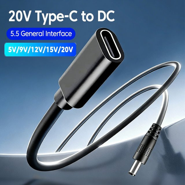 elough USB-C auf DC Adapterkabel Schwarz, Universal-Stromadapter Konverter für Laptop und Router, 5V/9V/12V/15V/20V, 55x2,1mm Barrel Plug - Bild 1