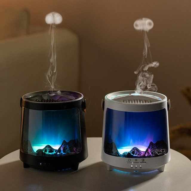 PKFC Aroma-Diffusor mit Flammen-Effekt und Aurora-Luftbefeuchter, Ultraschall-Diffusor für ätherische Öle in Schwarz oder Weiß - Bild 1