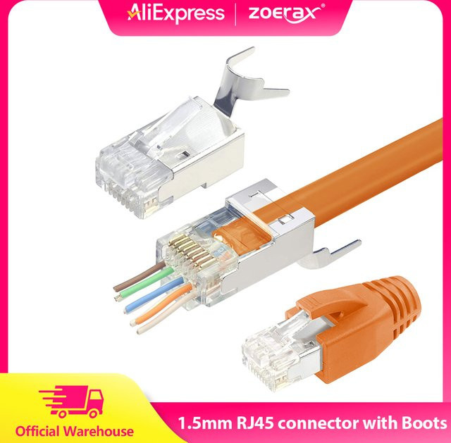 ZOERAX RJ45 Stecker Cat7 Cat6A geschirmte Durchgangsanschlüsse mit 50 μ Vergoldung und Zugentlastungsmanschetten für Ethernet LAN - Bild 1
