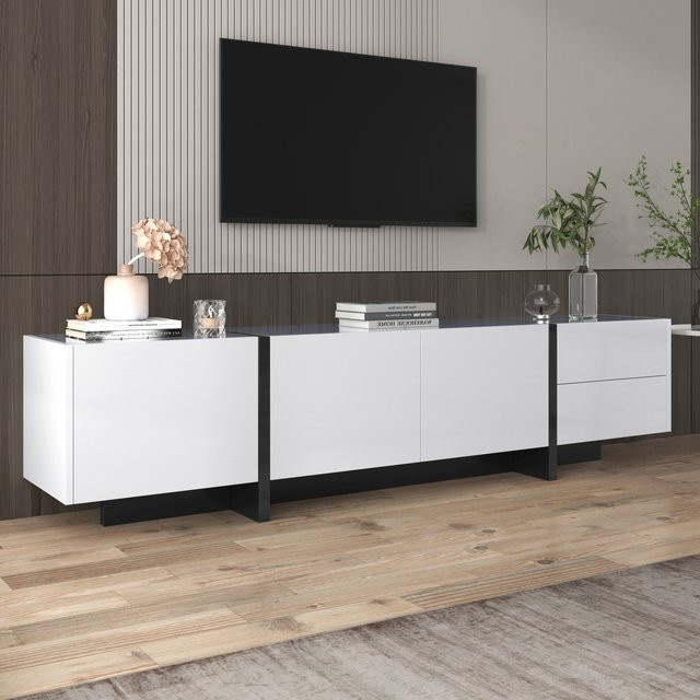 Moderner TV Schrank in Weiß und Schwarz mit Regalen und Schubladen, Hochglanz Design, B/T/H: 190 x 35 x 45 cm - Bild 1
