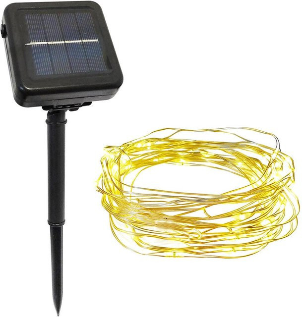 Wetterfeste Solar LED Lichterkette mit 100 LEDs in Warmweiß und silbernem Draht für Garten, Terrasse und Balkon - Bild 1