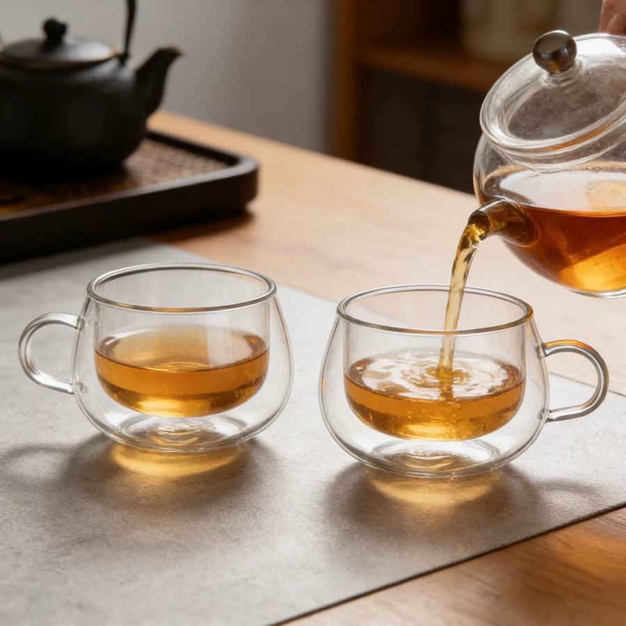 YWDL Doppelwandige Glastasse mit Henkel aus transparentem Hochborosilikatglas, hitzebeständige Kaffee- und Teetasse, 100 ml - Bild 2
