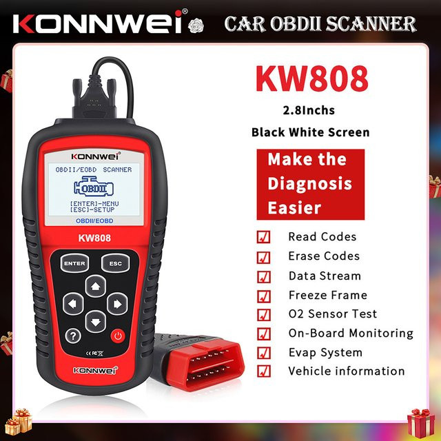KONNWEI KW808 OBD2 Scanner 12V Auto Diagnosegerät für EOBD und CAN Motor-Fehlercodes in Schwarz - Bild 1