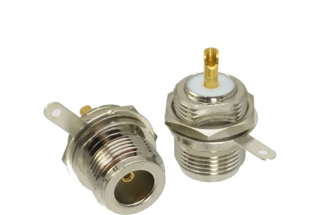 HF Koaxial Stecker und Buchse Set mit Lötplatte für die Montage, gerade, Silber - Bild 1
