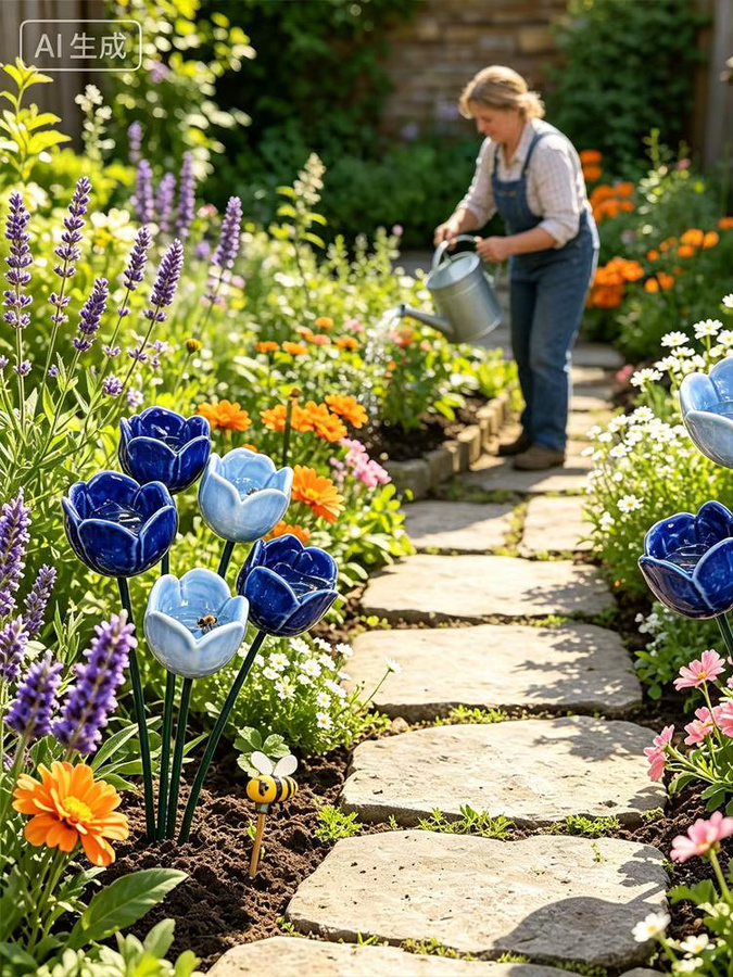 4-teilige Bienen-Wasserstation aus Keramik in Blau mit floralem Design als Gartendekoration für Schmetterlinge und Kolibris - Bild 7