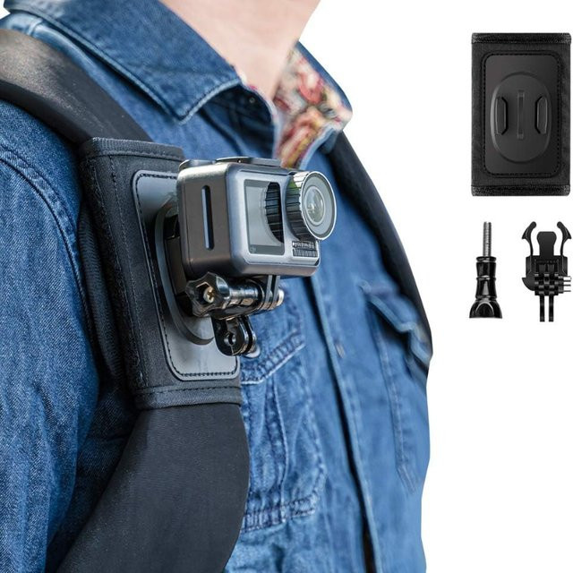 360-Grad-Drehbare Rucksack-Schultergurthalterung für GoPro, DJI und Insta360 in Schwarz - Bild 1