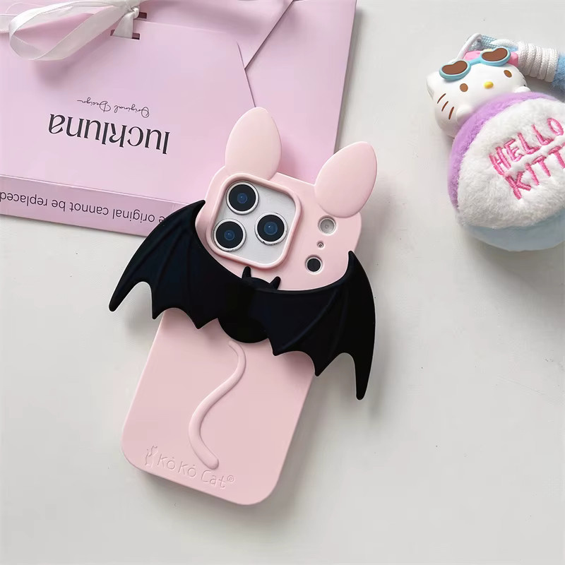 Silikon Soft Case mit Cartoon Fledermaus und Katzenohren für Apple iPhone 17 16 15 14 13 Pro Max in Pink - Bild 2