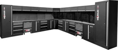 KS Tools Werkstattsystem L-Form in Schwarz mit Edelstahlplatte und MDF-Kern, freistehend, inklusive 11 Unterbau-LEDs, Steckdosen und USB-Anschlüssen, 2 Werkstattwagen sowie abschließbaren XXL-, Hänge- und Unterschränken, B/T: 476 x 476 cm - Bild 1
