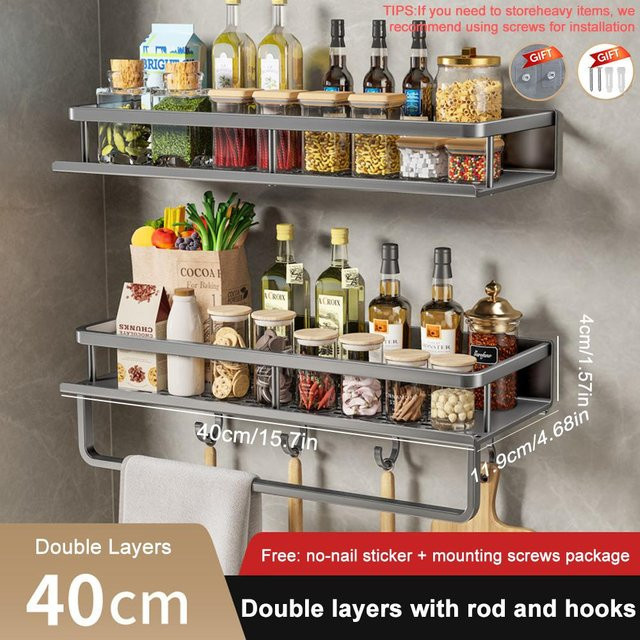 Wandmontiertes Gewürzregal aus Metall mit Hakenstange von Household supplies MH, Farbe Silber, ideal für Küche und Badezimmer - Bild 1