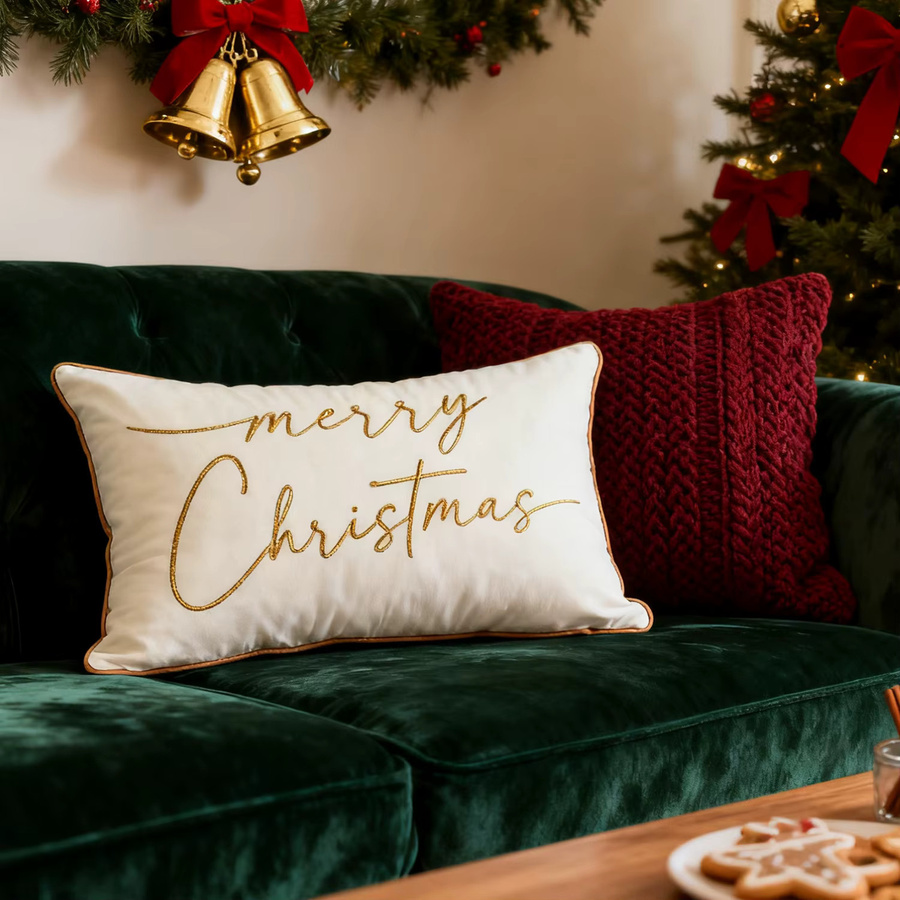 Inyahome Kissenbezüge Merry Christmas, Weiß mit Gold, Rot und Grün, rechteckig, B/H: 30 x 50 cm - Bild 3