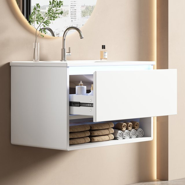 Svintora Badezimmer-Waschtisch in Weiß mit sensorischem LED-Licht, einer Schublade und offenem Regal, wandmontiert und modern - Bild 1