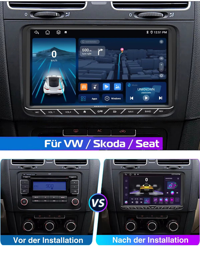 ESSGOO Android 14 Autoradio 9 Zoll für VW Golf 5/6 Touran Passat mit 4G, 8-Kern, CarPlay, Android Auto, GPS, WiFi, Bluetooth und DSP in Schwarz - Bild 5