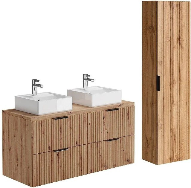 Vente-unique Badmöbel-Set Zevara in Naturfarben Hell mit Waschbeckenunterschrank, Aufsatzwaschbecken und Badhochschrank in Streifenoptik, Breite: 120 cm - Bild 1