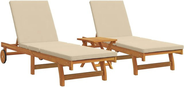vidaXL Sonnenliegen Set aus Akazienholz mit Tisch und Kissen in Beige - Bild 1