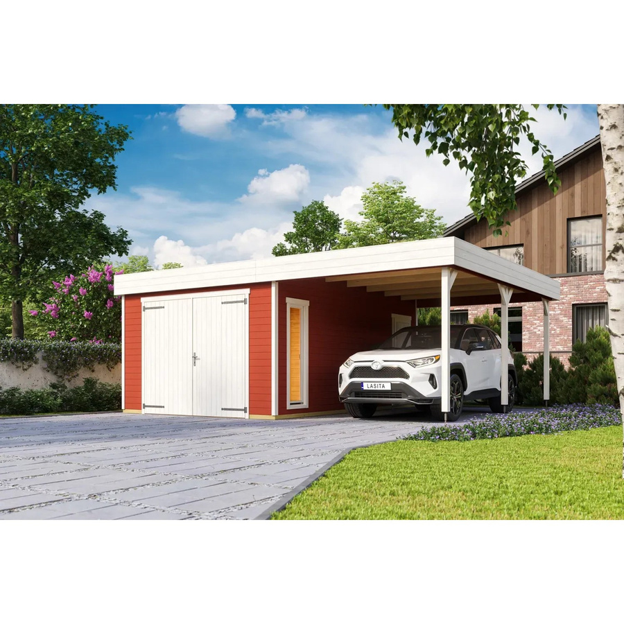 Blockgarage Lasita Maja Bahamas aus Holz in Schwedenrot mit Holztor und Stufendach, B: 820 cm, T: 560 cm, H: 251 cm - Bild 3