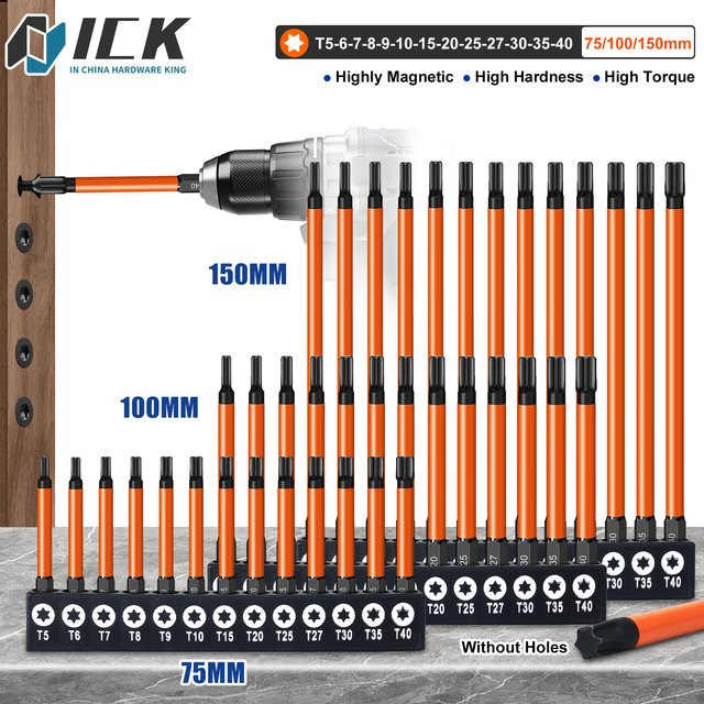 XMSJ Torx-Schraubendreher-Bit-Set aus S2-Legierungsstahl mit starkem Magnetismus und 1/4 Zoll Sechskantschaft, einzelne Bits T5-T40 in den Längen 75 mm, 100 mm und 150 mm - Bild 1