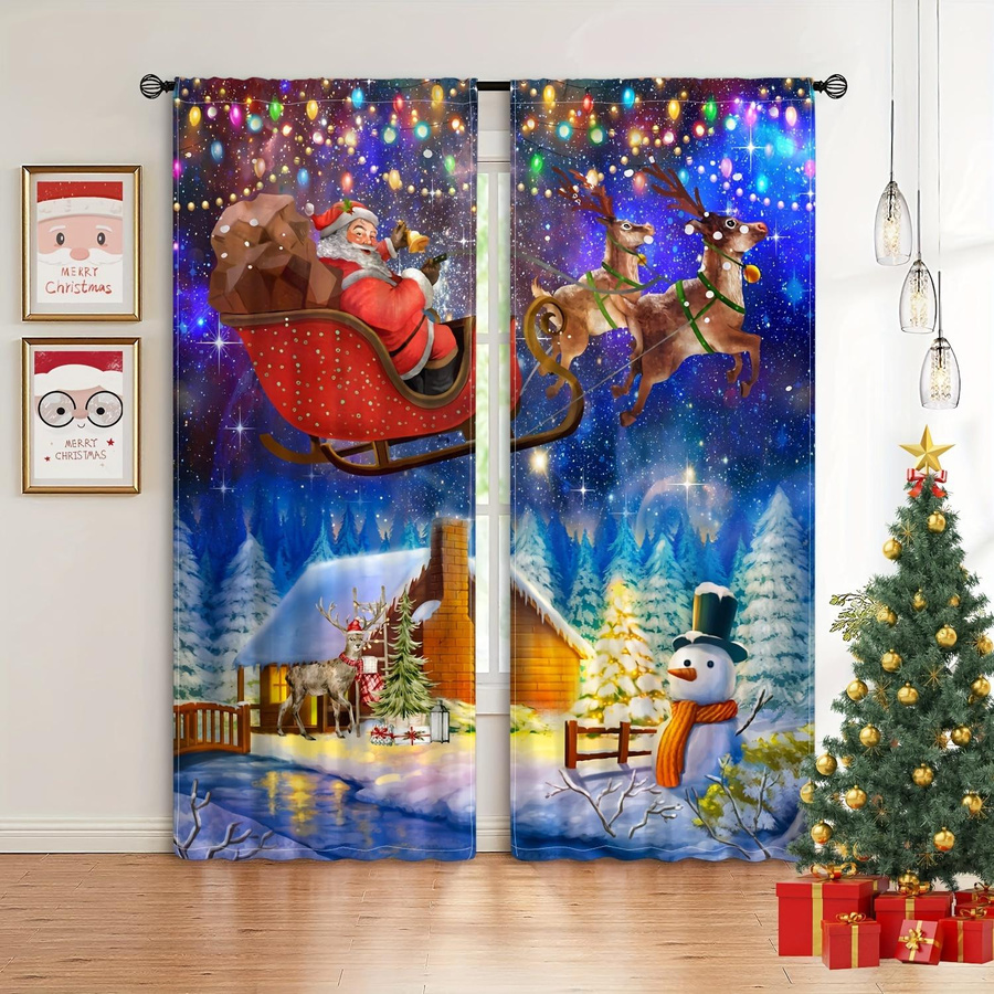 Weihnachtsvorhänge mit Weihnachtsmann und Schnee von Household supplies MH, 2er-Set, halbverdunkelnd, Mehrfarbig, Breite: 100 cm, Höhe: 130 cm - Bild 1