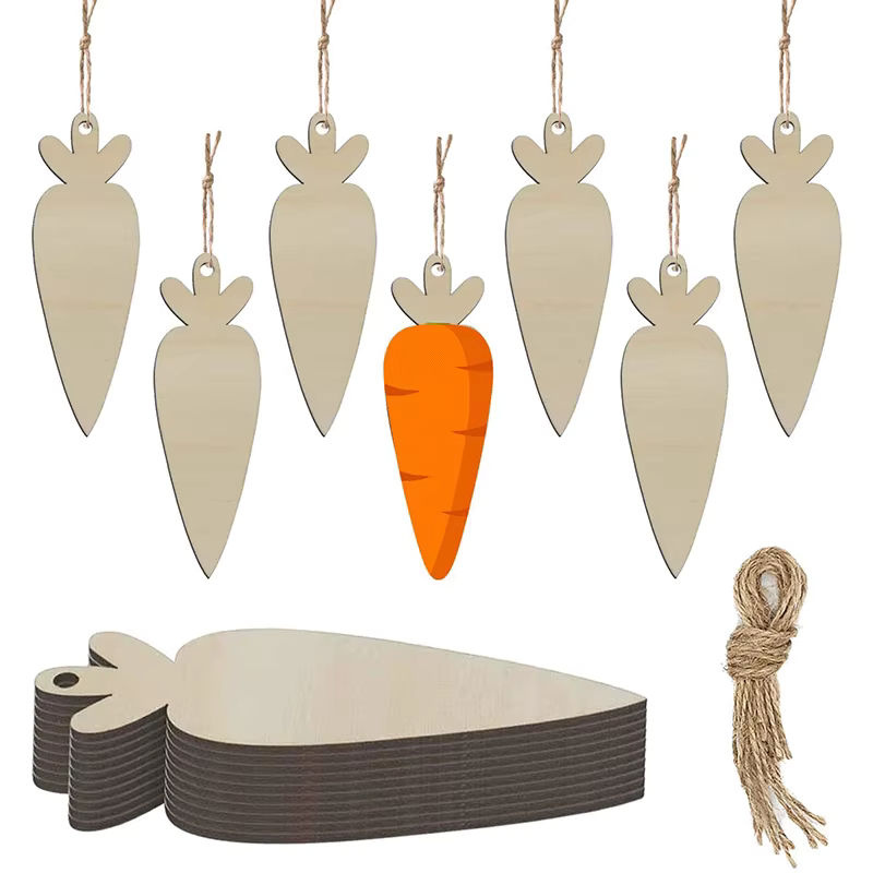 Tissy 12er Set Ostern Karotten Ornamente aus Holz als Anhänger für Kinder DIY Malerei und Frühlingsdekoration in Naturfarben - Bild 2
