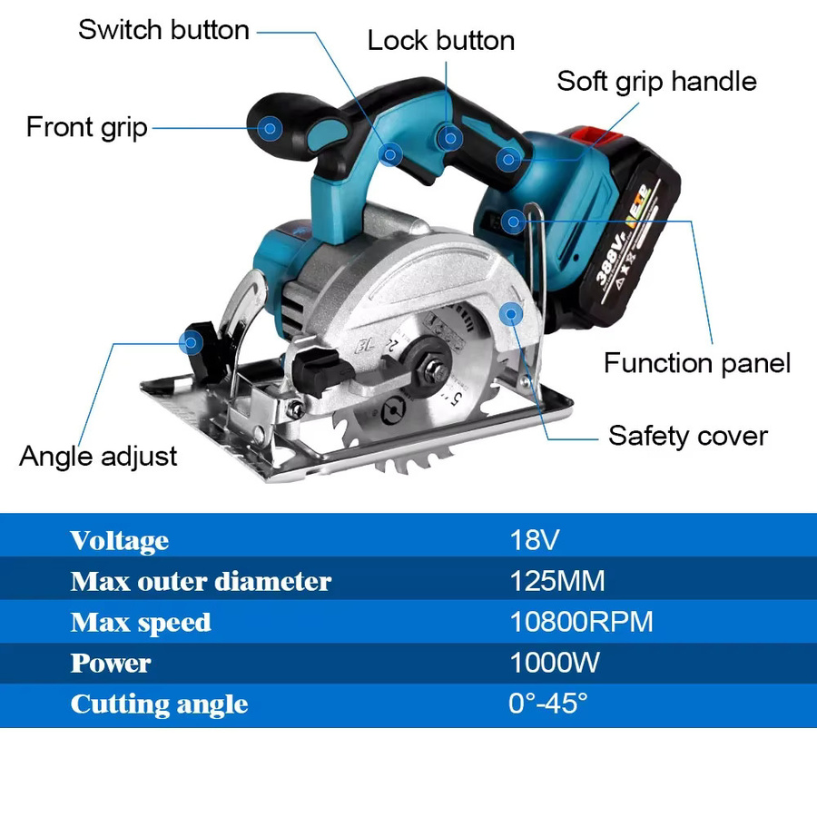 Makita 5-Zoll bürstenlose elektrische Kreissäge mit 1000 W für 21V Akku, Blau - Bild 2