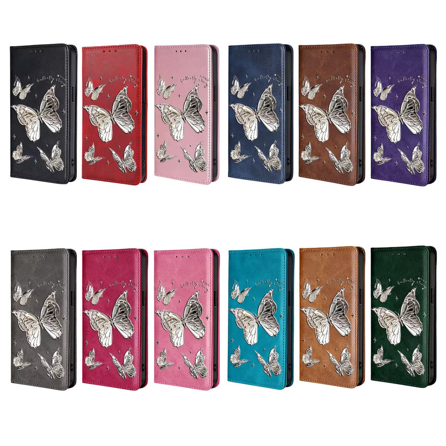 Samsung Handyhülle aus Leder mit Schmetterlingsmuster für Galaxy S25 Ultra, S25 FE, S24, S23, S22 Plus, A56, A36, A26, A17, A07 in Blau und Grau - Bild 5