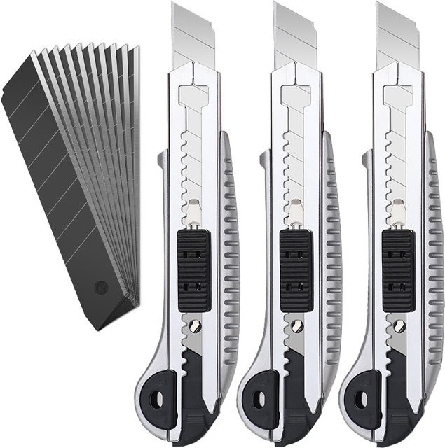 3er-Pack DTBD Allzweckmesser mit 10 Ersatzklingen, einziehbare Boxschneider in Silber, 18 mm Klingenbreite - Bild 1