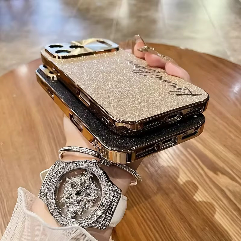 Personalisierte WeeYRN Handyhülle mit Namensgravur und Glitzer in Gold für iPhone 17Air, 16, 15, 14, 13 Pro Max aus luxuriösem Leder mit Galvanisierung - Bild 1