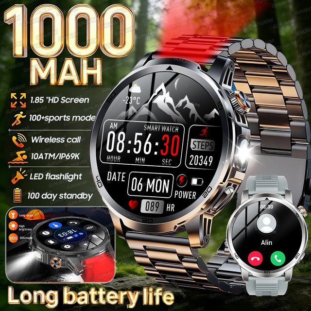 GUHUAVMI Smartwatch, Edelstahl, Grau, Herren, 1,85 Zoll, Rund - Bild 1