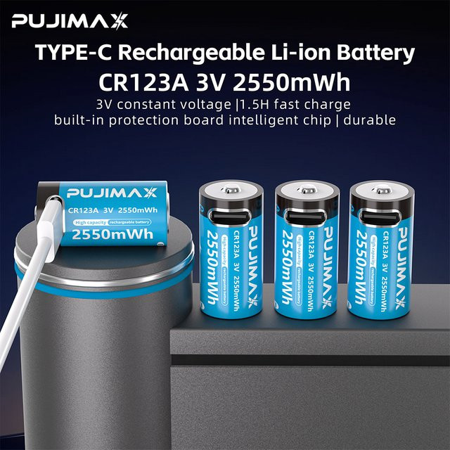 PUJIMAX CR123A Lithium-Akku mit Typ-C Anschluss, wiederaufladbar, 3 V, 2550 mWh - Bild 1