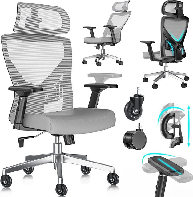 Ergonomischer KESSER Bürostuhl mit verstellbaren Armlehnen, Kopfstütze und Lendenwirbelstütze, Drehstuhl mit Wippfunktion und Gummirollen - Bild 1