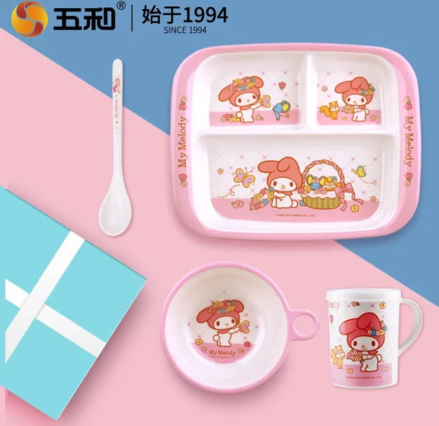 Sanrio My Melody Kindergeschirr-Set aus Melamin in Pink, BPA-frei, bestehend aus Speiseteller, Salatschüssel und Wasserbecher - Bild 1