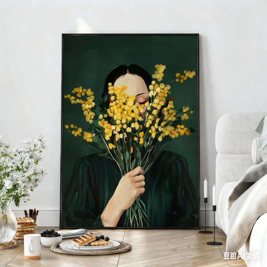 Minimalistischer Wandkunstdruck von SHENCHEN mit Porträt einer Frau und Mimosa-Blumen in Smaragdgrün - Bild 2