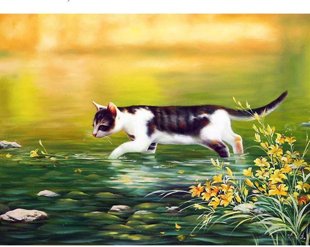 FIYO Diamond Painting Set Motiv Katze beim Fluss, DIY Mosaik Stickerei als Dekoration, Mehrfarbig, B/H: 30 x 20 cm - Bild 1