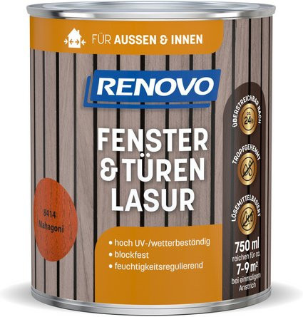 RENOVO Fenster- und Türenlasur Mahagoni Braun, wetterfest, deckend, seidenmatt, 0,75 l - Bild 1