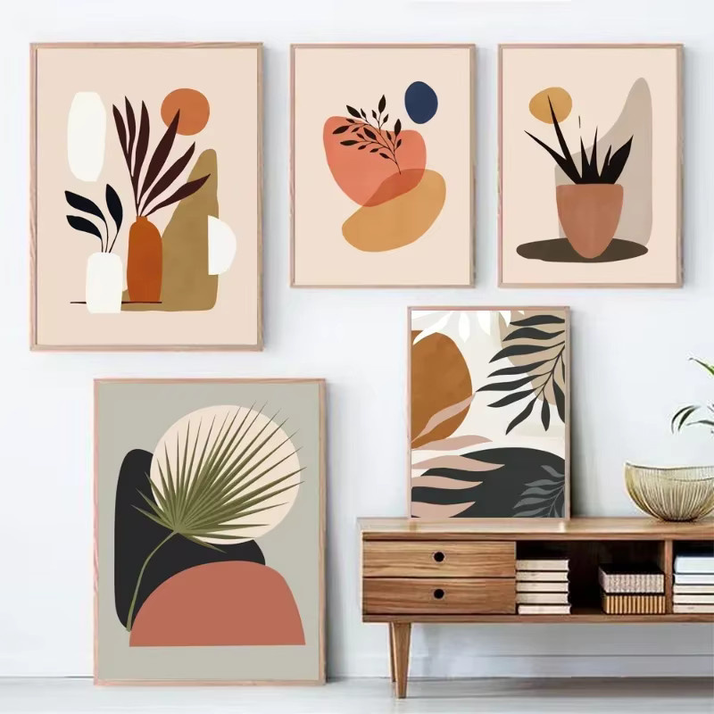 Potdemiel Leinwand-Poster mit Boho-Pflanzenblatt und abstrakten floralen Linien in Multicolour - Bild 1