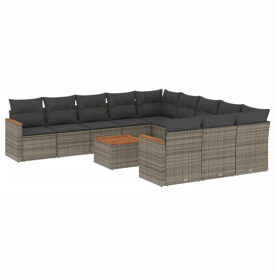 vidaXL 12-teilige Garten-Sofagarnitur aus Poly-Rattan und Akazienholz in Grau mit Kissen - Bild 2