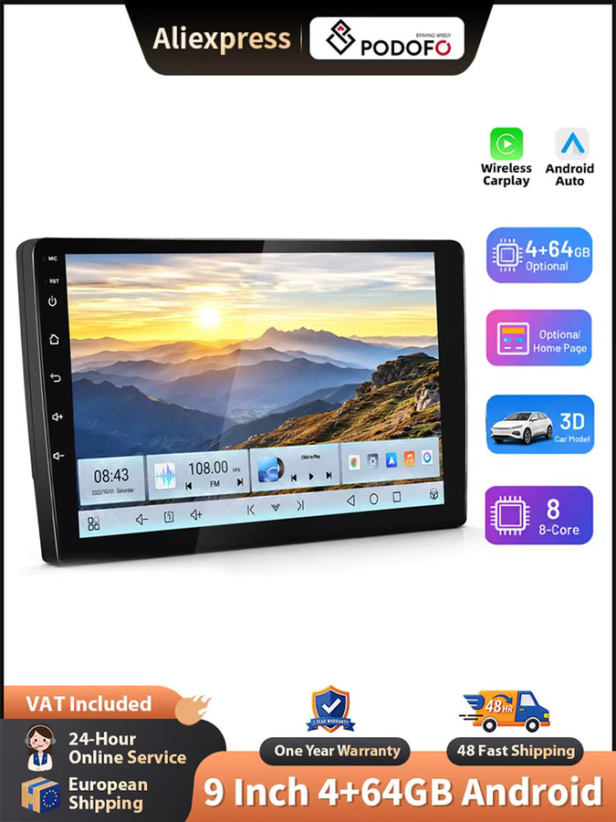 Podofo 9-Zoll Android Autoradio mit Wireless CarPlay und Android Auto, GPS, Bluetooth, FM/RDS, 2-DIN Headunit in Schwarz - Bild 1