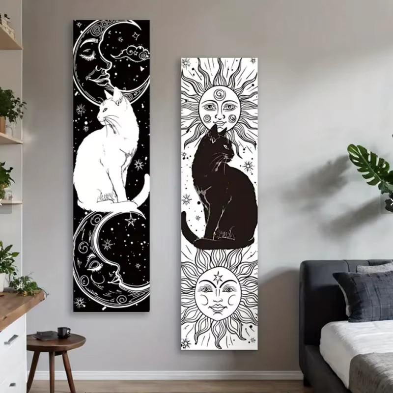 VIKAMA Kunst-Wandteppich mit Katzen- und Himmelsmotiven in Schwarz-Weiß, Boho-Stil Wandbehang mit Tiermotiven, Breite: 150 cm, Höhe: 40 cm - Bild 5