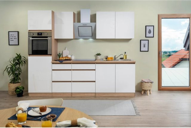 Respekta Küchenzeile modern in Weiß Hochglanz und Eiche Sägerau ohne Elektrogeräte Breite: 270 cm - Bild 1