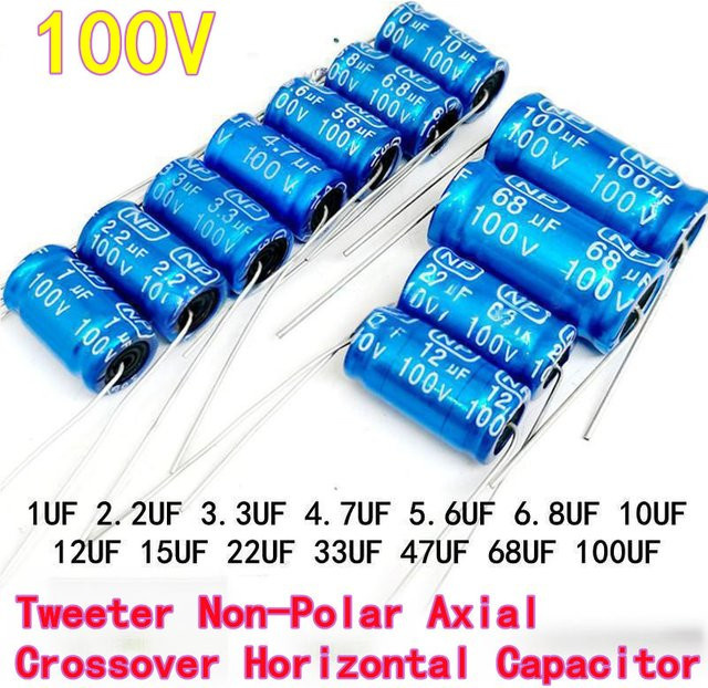 10 Stück axiale elektrolytische Crossover-Kondensatoren nicht polar für Hochtöner, 100 V, verschiedene Kapazitäten (2,2/3,3/4,7/6,8/100 μF), blau - Bild 1