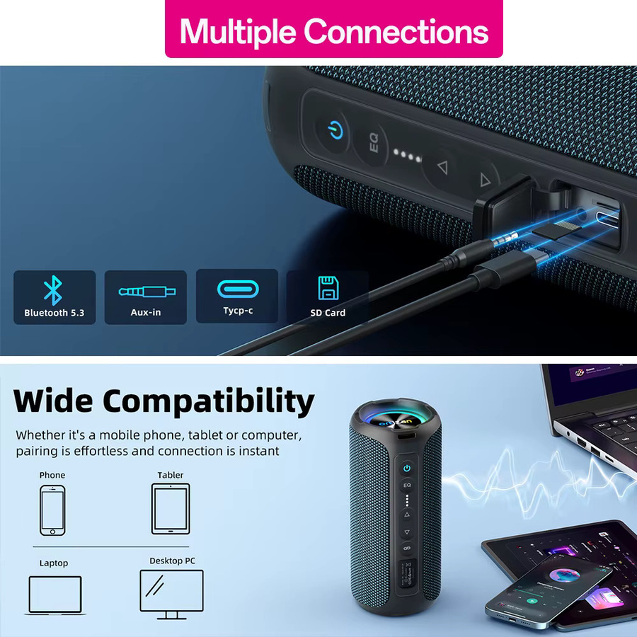 Ortizan Bluetooth-Lautsprecher mit 40 W, tragbarer TWS-Lautsprecher mit Stereo-Sound-Bass, Bluetooth 5.3, USB Typ C und 6600 mAh Akku - Bild 6
